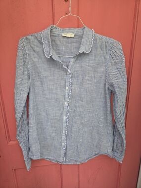 beachlunchlounge Blue and White Striped Ruffle Collar Button-Down Shirt